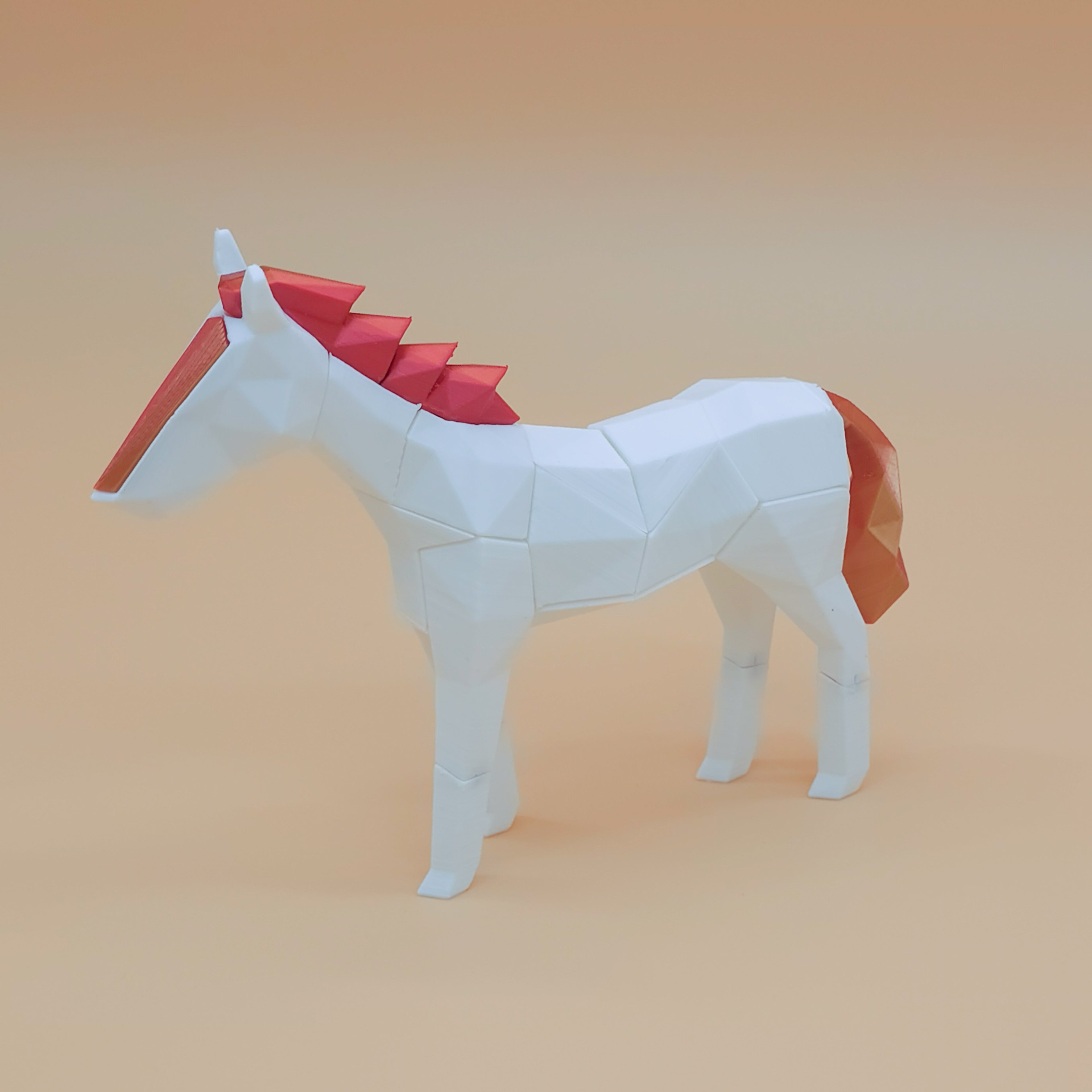 White horse magnetic puzzle with red mane and tail on a beige background