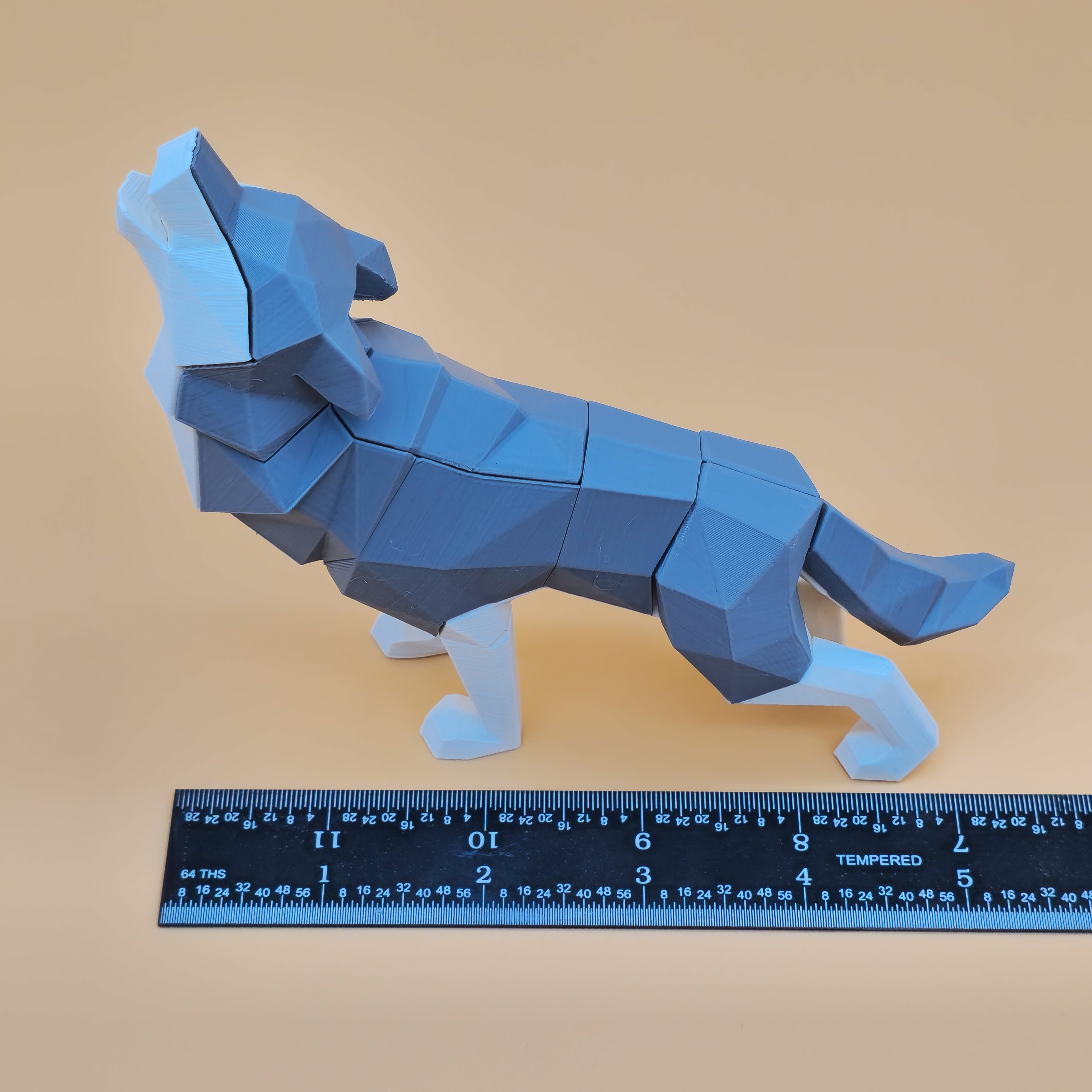 Gray howling wolf magnetic puzzle next to a ruler on a beige background